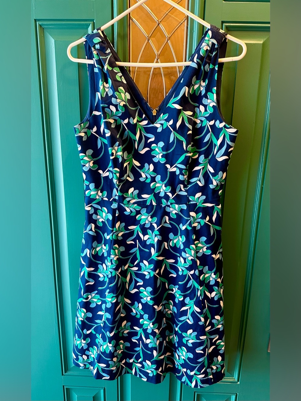 Draper James Floral Knot Shoulder Dress Blue Green V-Neck